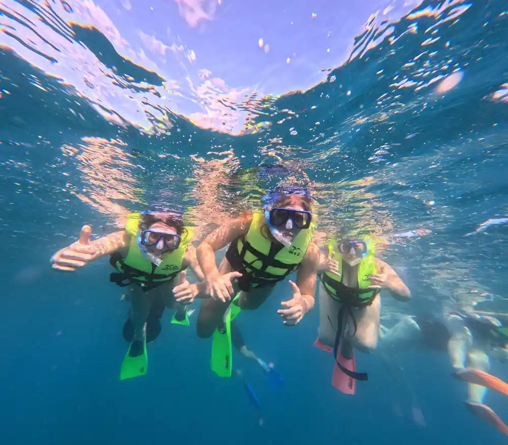 Three snorkellers in yellow flotation vests at the surface, arms out