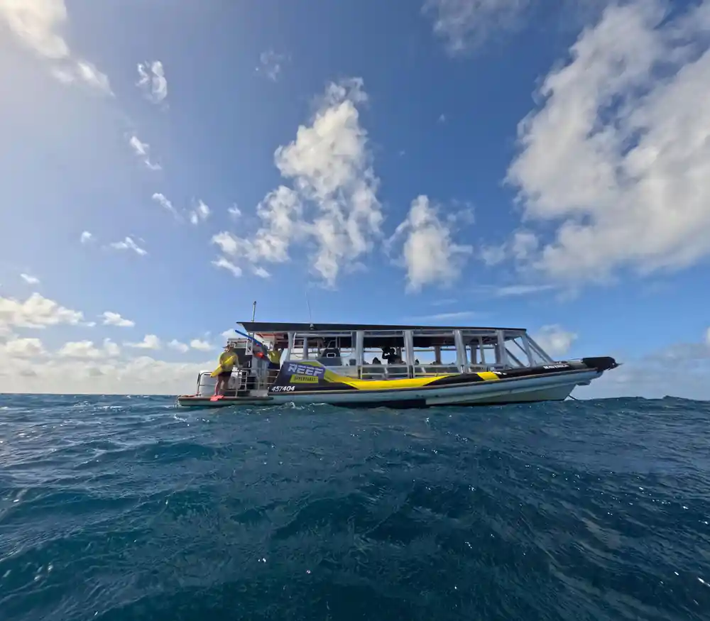 The yellow and blue fast boat moored on open reef water